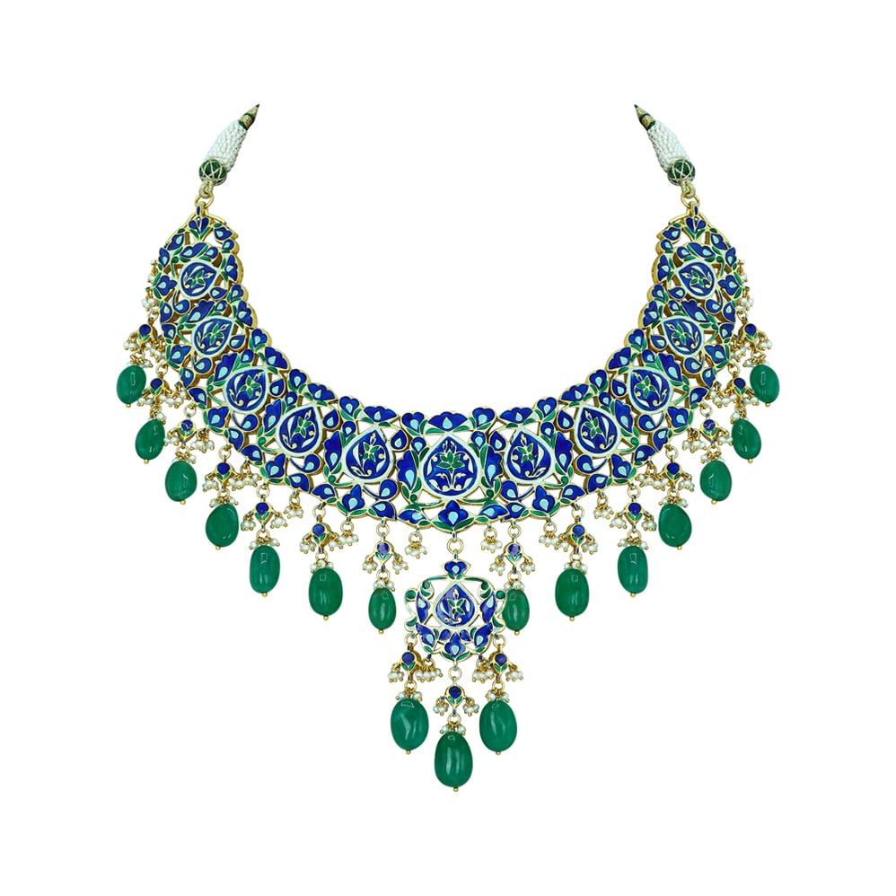 Pear Shaped Polki Choker with Emerald Drops and Cascading Design